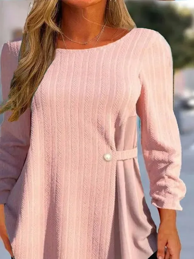 Plus Size Plain Crew Neck Casual Buckle Shirt