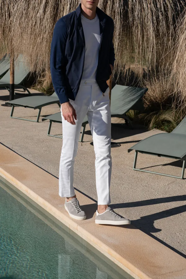 Blue Knit & Nylon Bomber Jacket