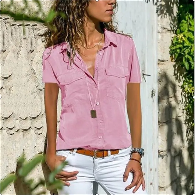 Women's Blouse Pocket Solid Colored Daily Shirt Collar T-shirt Sleeve Light Summer Blue Black Purple Dark Red Pink