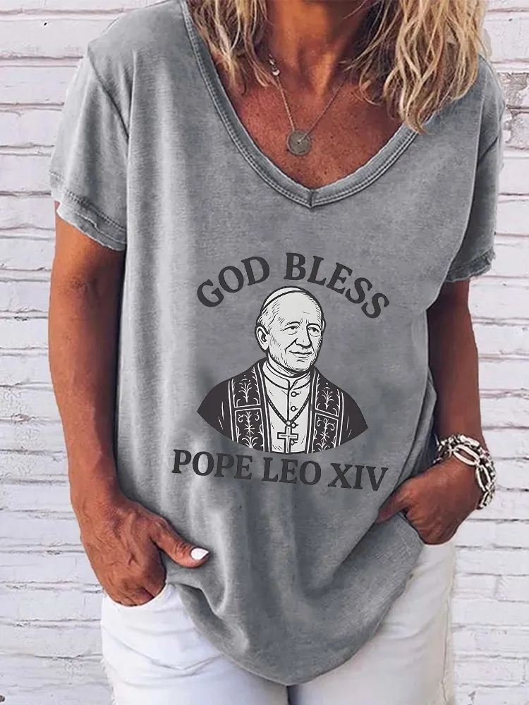 Women'S God Bless Pope Leo Xiv Round-Neck Short-Sleeved T-Shirt