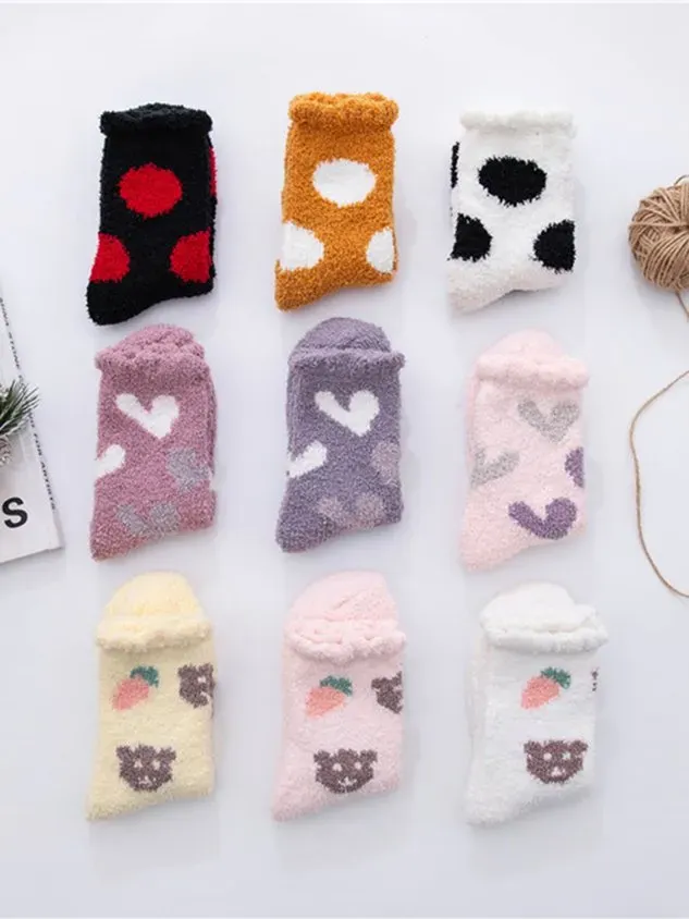 Polka-dot Bear Heart-shaped Graphics Warm Plus Velvet Coral Fleece Floor Socks