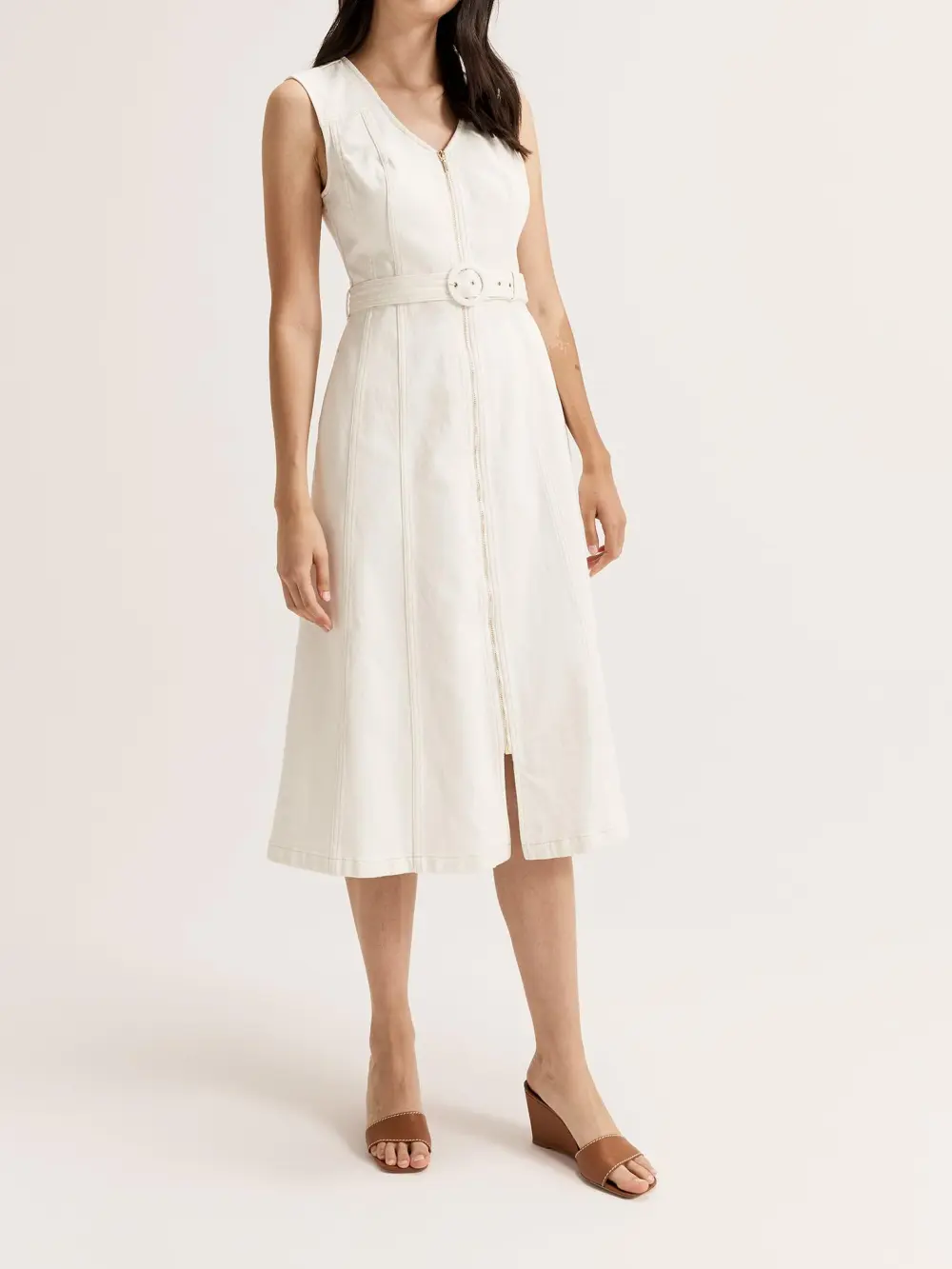 Denim Zip Patch Pocket Midi Dresses