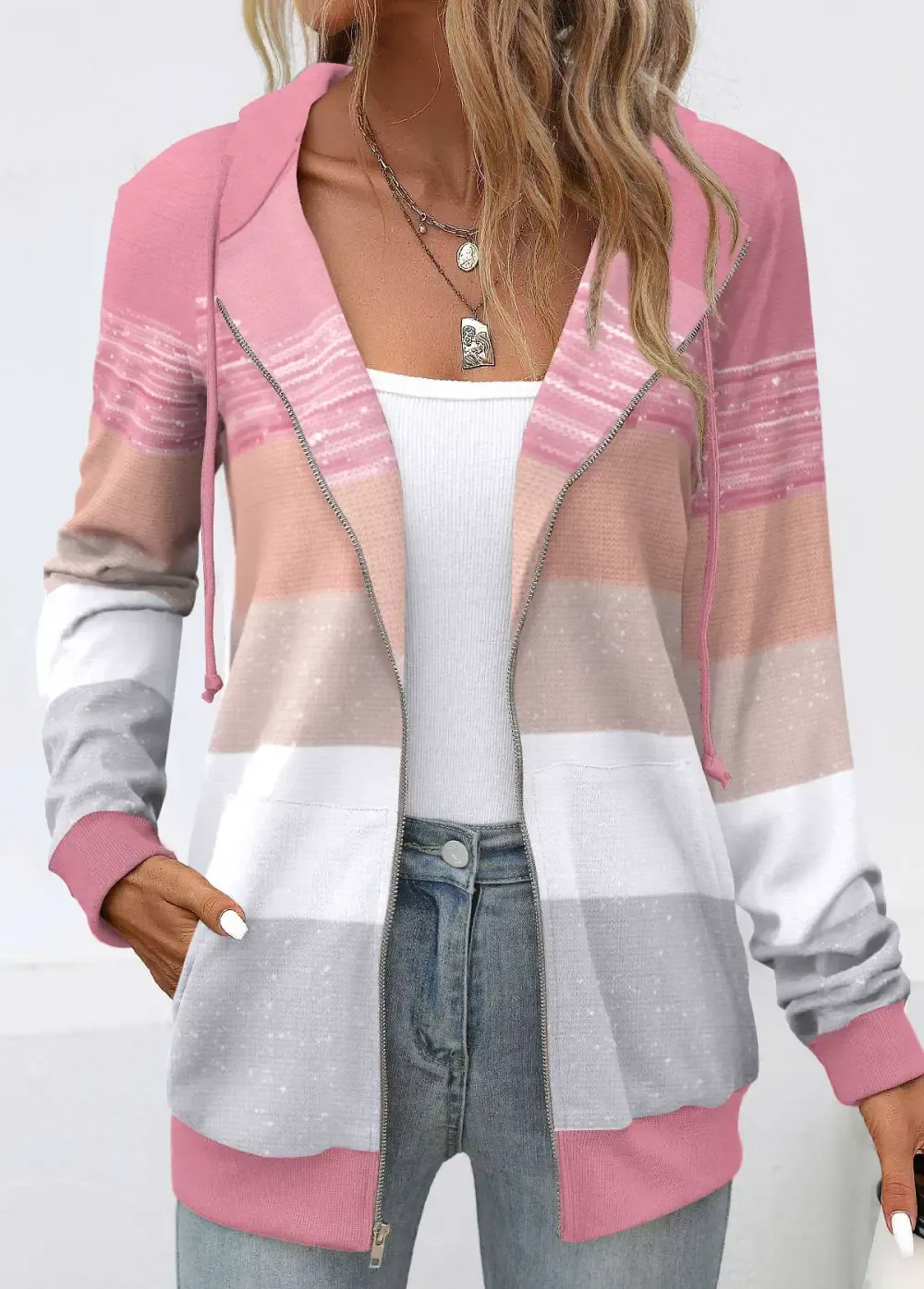 Pink Pocket Geometric Print Long Sleeve Hoodie