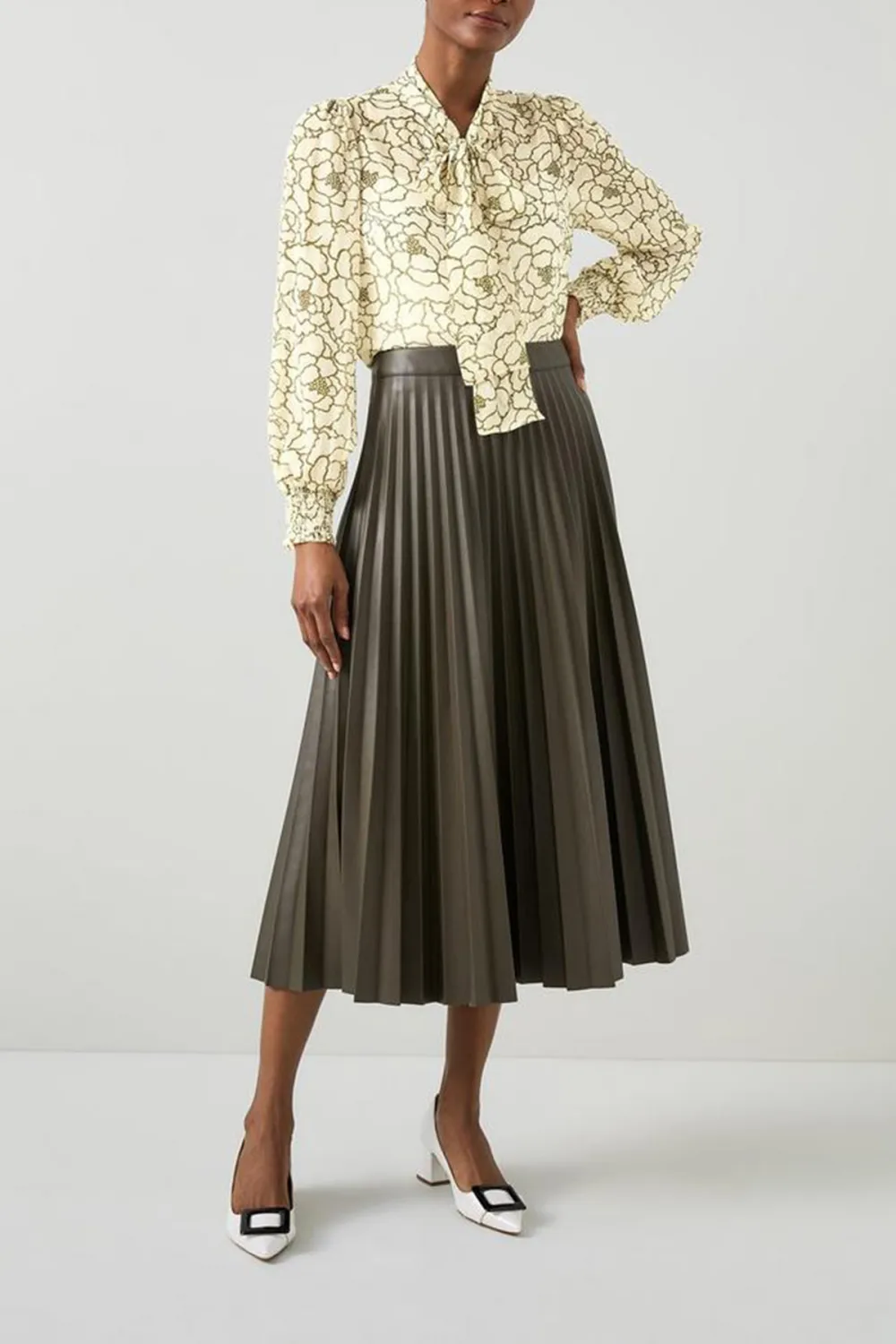 Cream Floral Print Tie Neck Long Sleeve Blouse