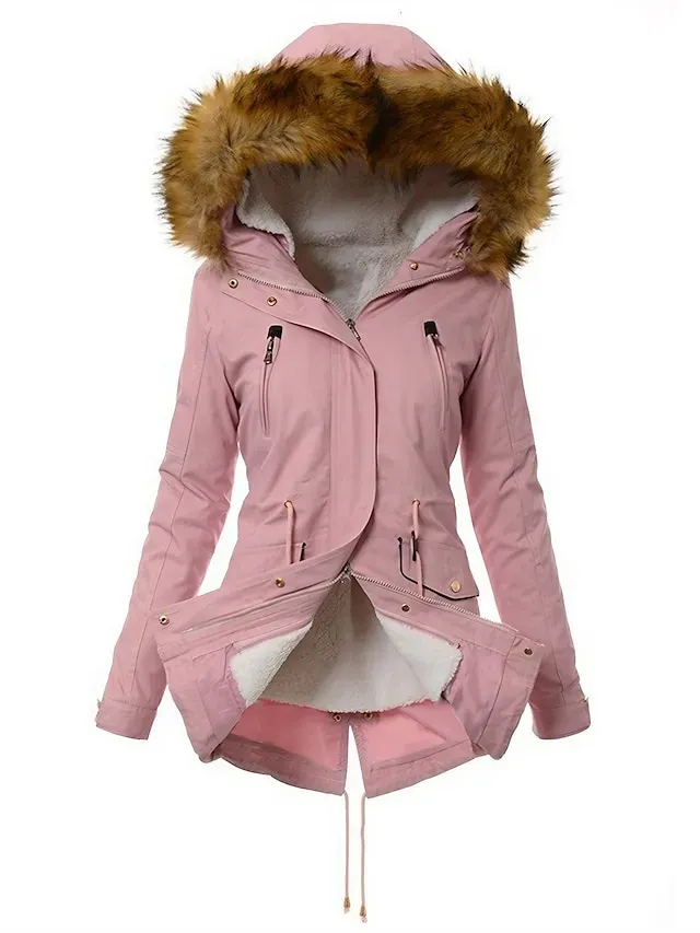 Women's Parka Fleece Lined Puffer Jacket Thermal Warm Winter Coat Windproof Heated Coat with Fur Collar Zip up Drawstring Hooded Coat with Pocket Outerwear Long Sleeve