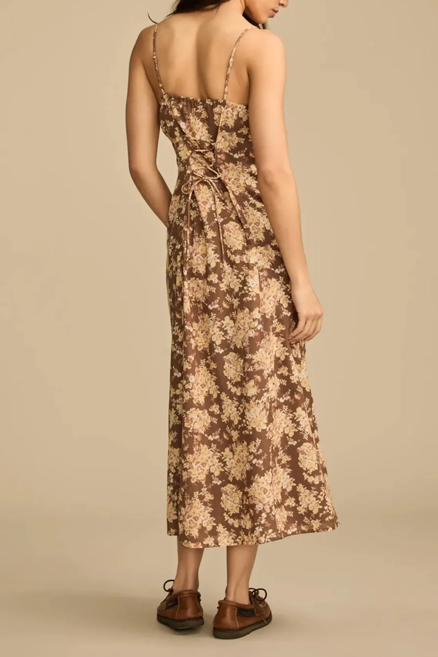 Brown Floral Lace Trimmed Slip Dress