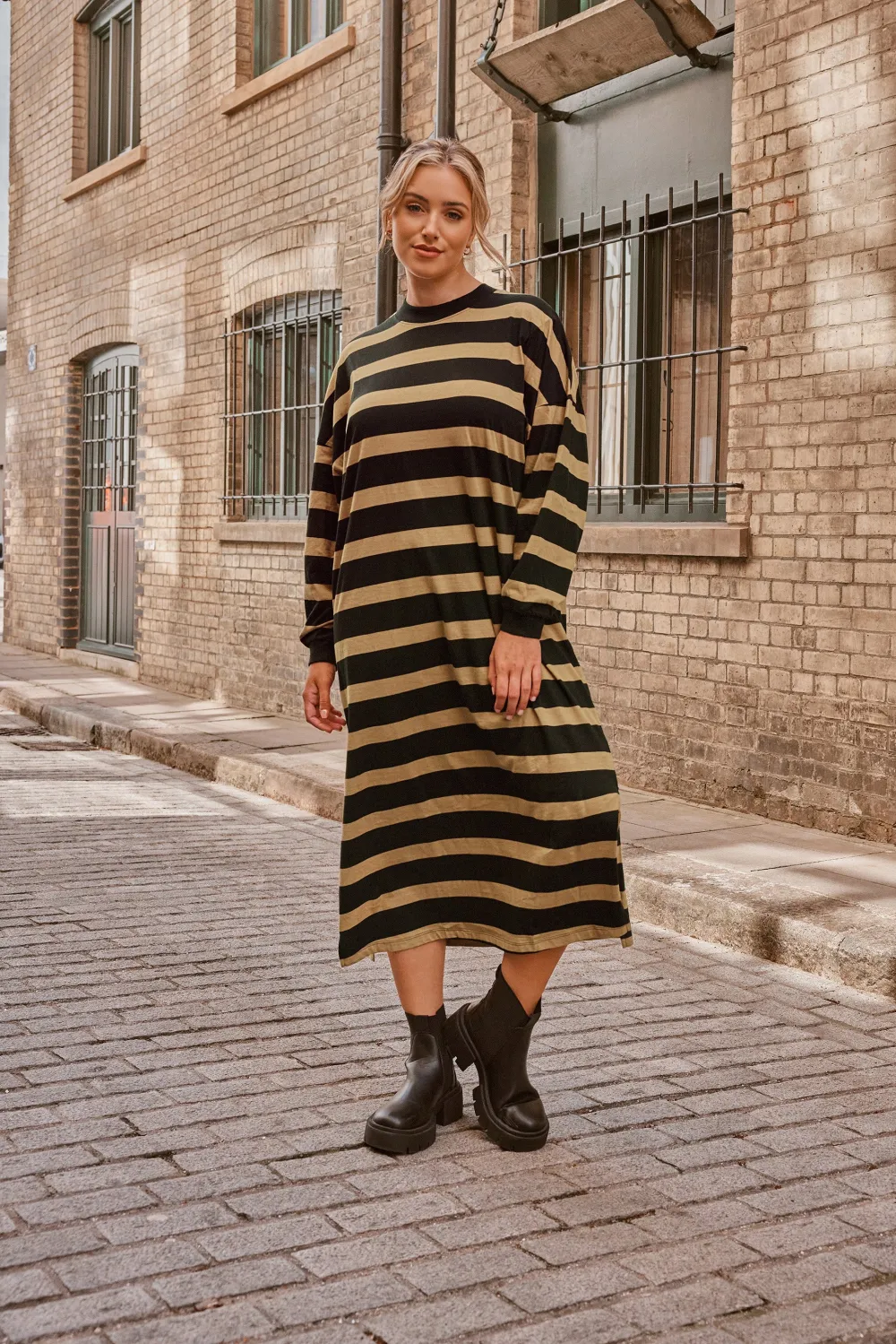 YOURS Curve Beige Brown Stripe Oversized T-Shirt Dress