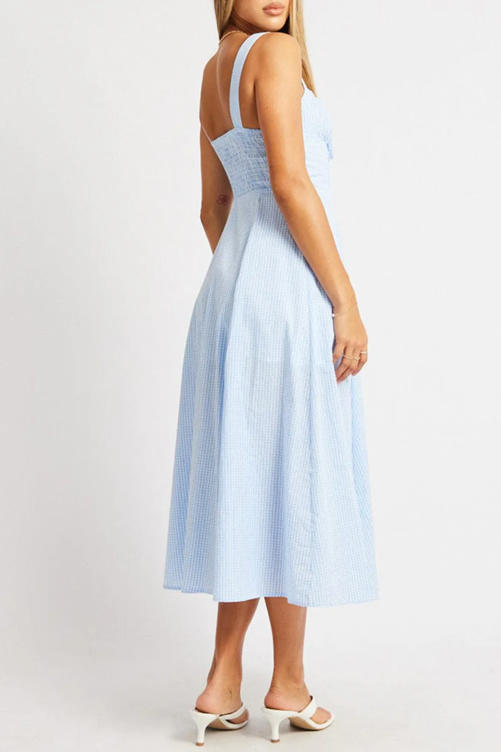 Blue Check Midi Dress Gathered Bust