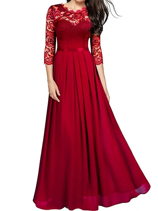 Women‘s Black Dress Prom Dress Black Lace Dress Party Dress Long Dress Maxi Dress Green 3/4 Length Sleeve Spring Fall Crew Neck Fashion