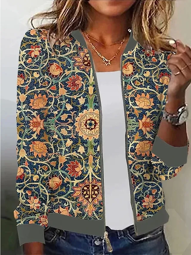 Women's Bomber Jacket Zip up Casual Jacket Fall Floral Print Baseball Jackets Outerwear Long Sleeve Fall  Spring Green Casual Daily