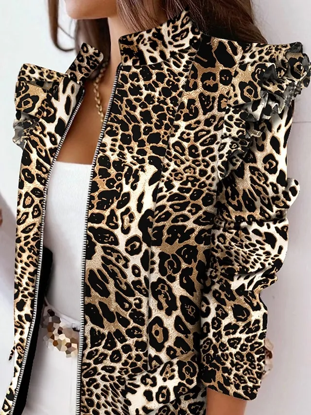 Women's Blazer Formal Casual Daily Baroque Ruffle Full Zip Print Outdoor Work Street Daily Cotton Coat Winter Fall Leopard Black Pink Zipper Stand Collar Regular Fit S M L XL XXL