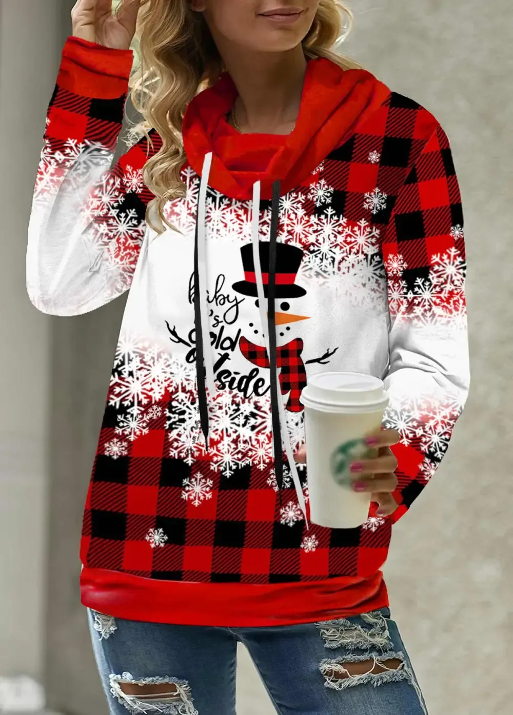 Drawstring Christmas Snowman Print Red Sweatshirt