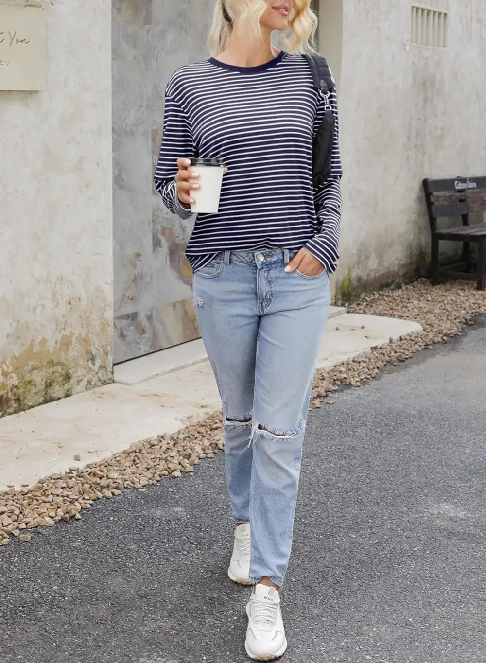 Dokotoo Women's Casual Striped Long Sleeve Tops Crew Neck Knit Ribbed Basic T Shirts