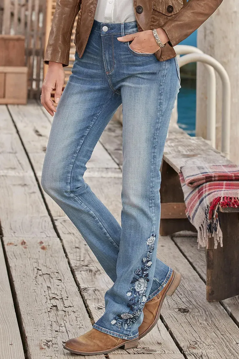 Floral Embroidery Mid Waist Bootcut Jeans