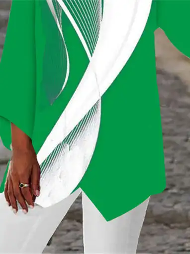 Women Asymmetrical 3/4 Sleeve Scoop Neck Striped Stitching Tops