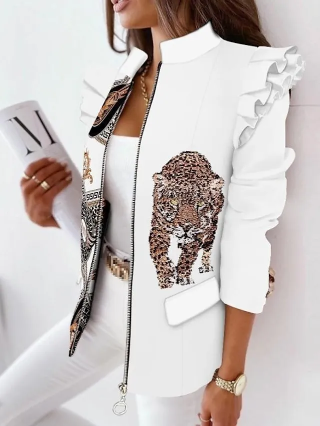 Women's Blazer Formal Casual Daily Baroque Ruffle Full Zip Print Outdoor Work Street Daily Cotton Coat Winter Fall Leopard Black Pink Zipper Stand Collar Regular Fit S M L XL XXL