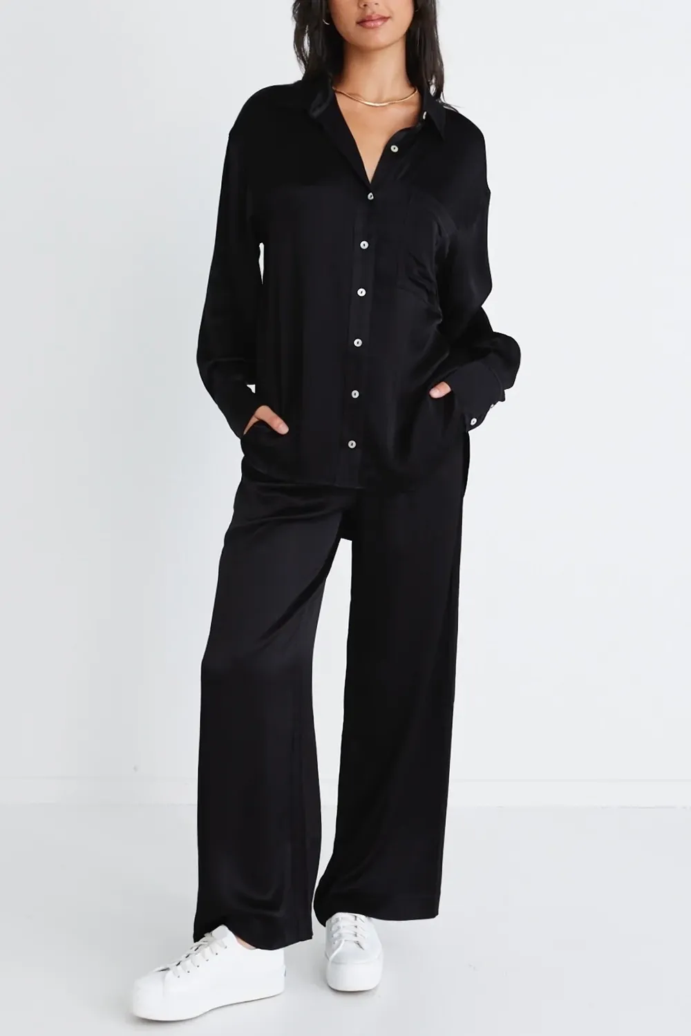 Black Satin Long - Sleeve Button - Up