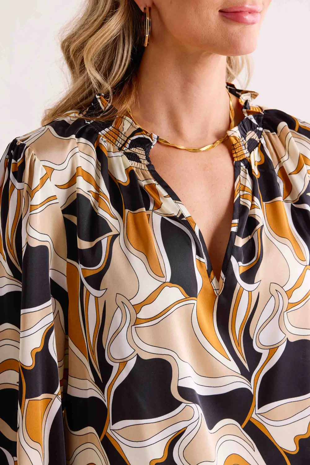Abstract Print Balloon Sleeve V-Neck Blouse