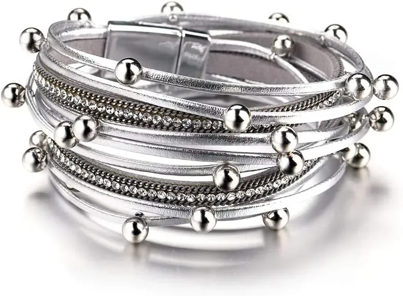 Fesciory Leather Wrap Bracelets for Women, Boho Leopard Multi-Layer Crystal Beads Cuff Bracelet Jewelry