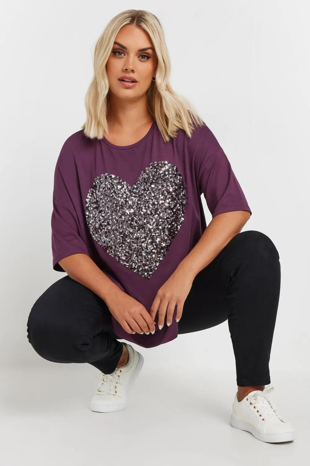 YOURS Curve Purple Heart Sequin Embellished T-Shirt