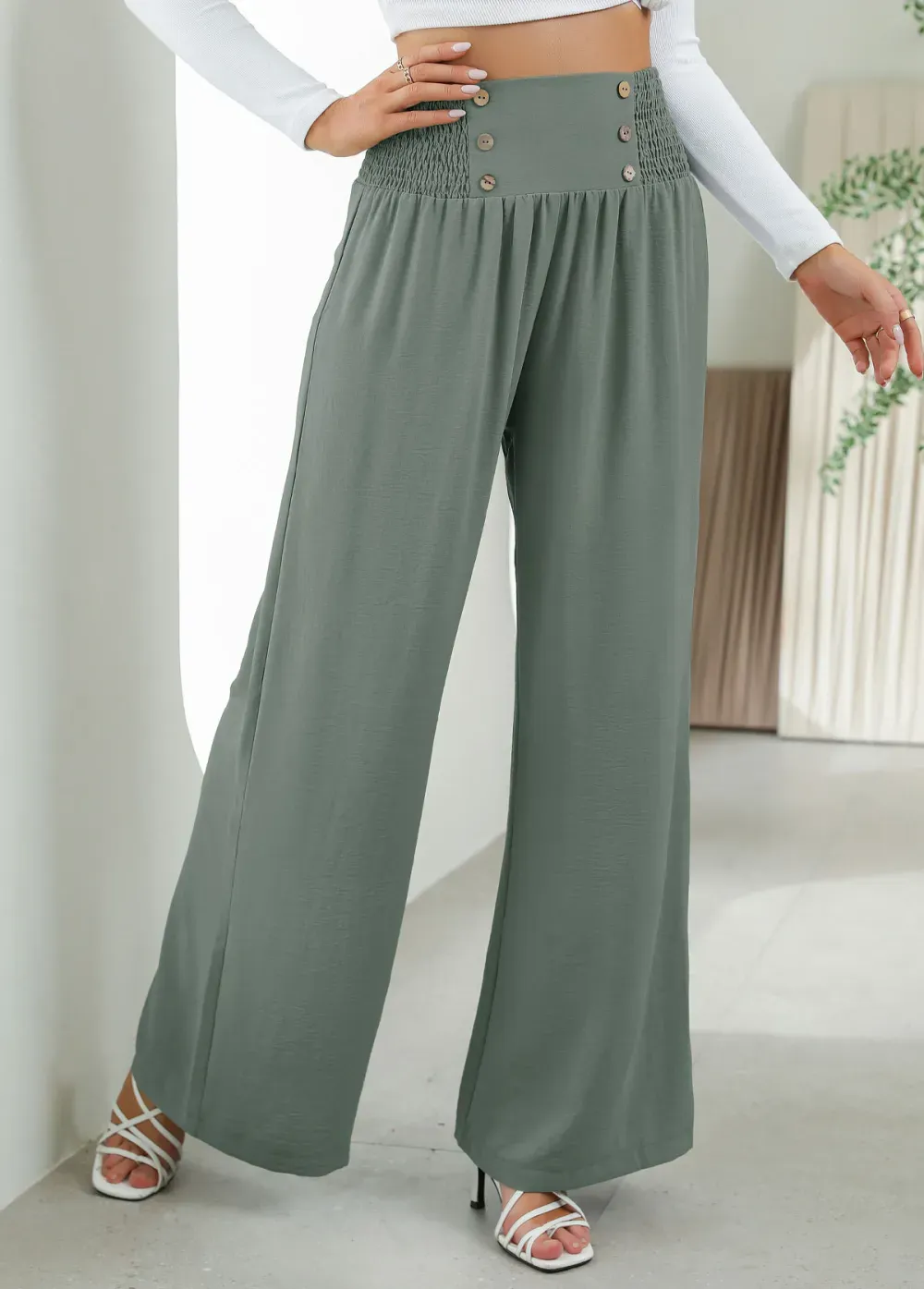 Sage Green Smocked Elastic Waist High Waisted Pants