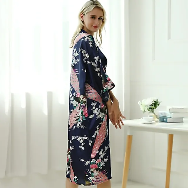 Women's Robes Gown Bathrobes Pure Color Simple Comfort Home Party Wedding Party Spandex Gift Long Sleeve Belt Included Spring Summer Navy Blue