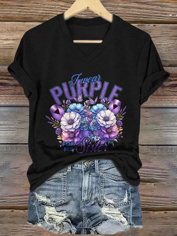 Women'S  purple V-Neck T-Shirt
