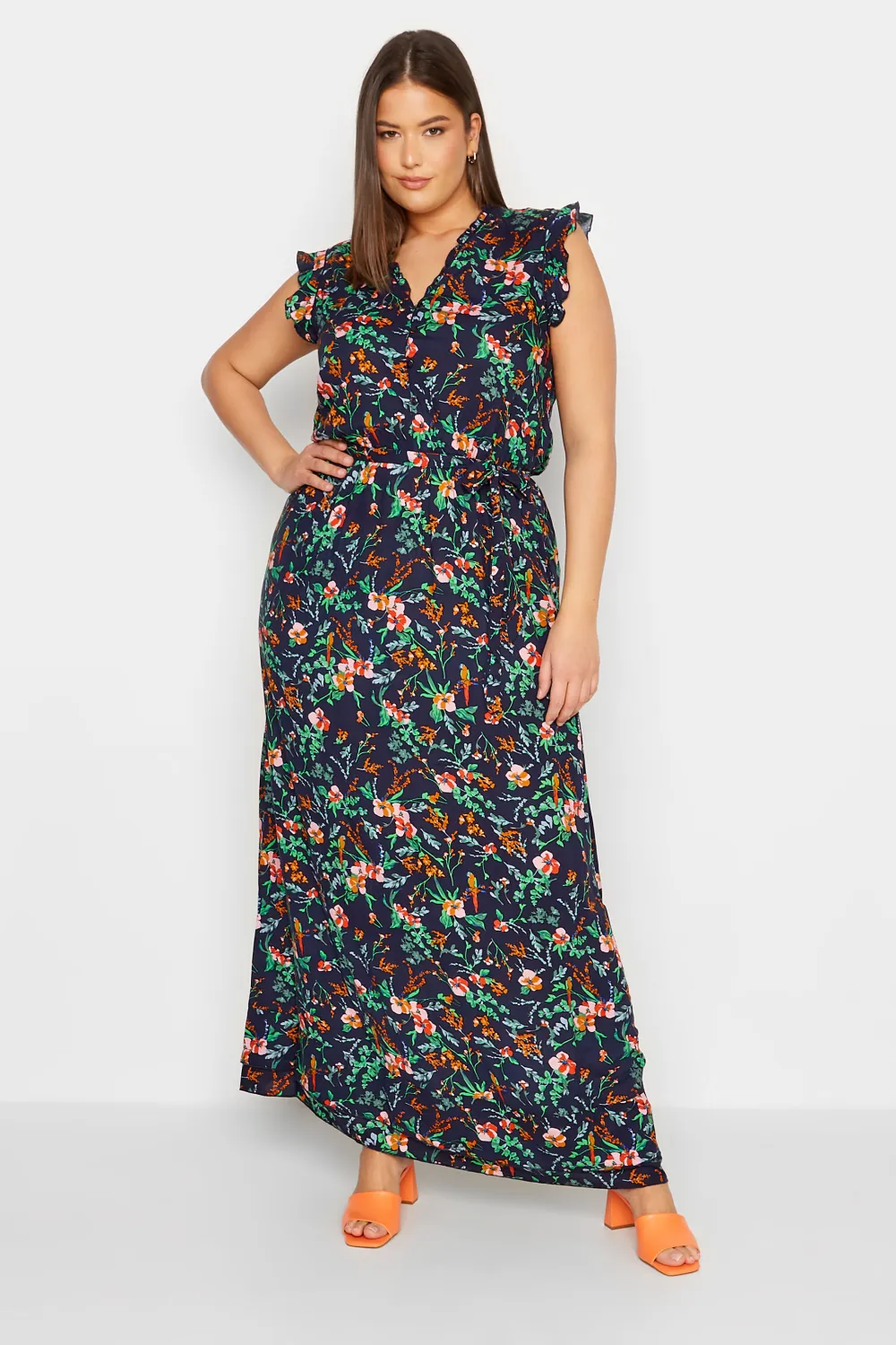 LTS Tall Navy Blue Floral Print Frill Sleeve Maxi Dress