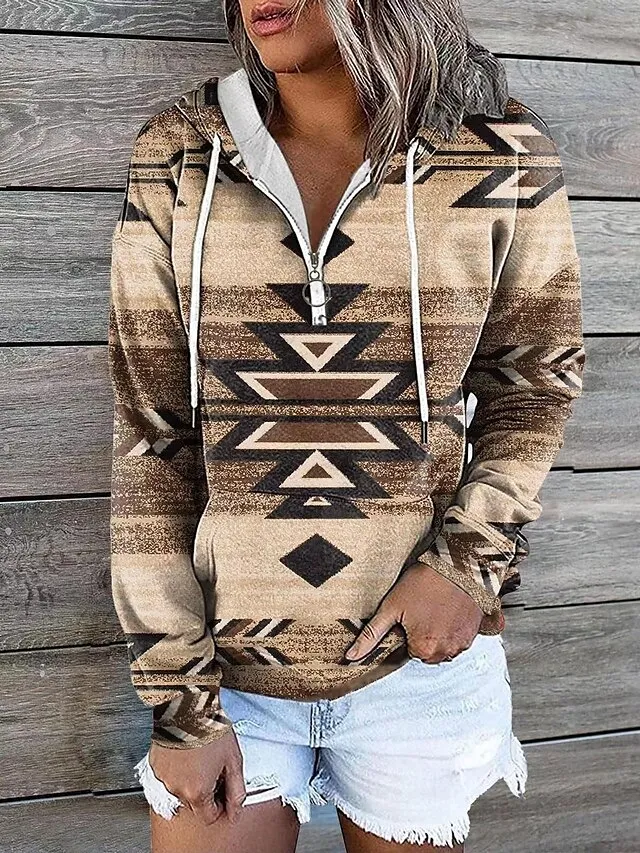 Women's Hoodie Sweatshirt Pullover Vintage Sports Basic Zipper Drawstring Front Pocket Light Yellow Creamy-white smoke grey Geometric Tribal Aztecs Street Casual Hoodie Long Sleeve Top Micro-elastic