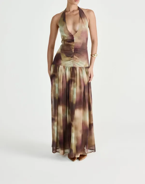 Flowy Pleated Open-Back Deep-V Dress