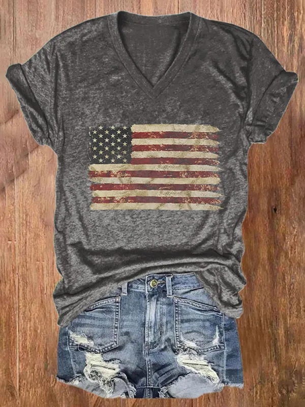 Women'S National Flag Pattern Print V-Neck Short-Sleeved T-Shirt