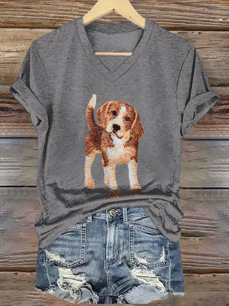 Woman's Puppy Print V-Neck And Short Sleeves T-Shirt