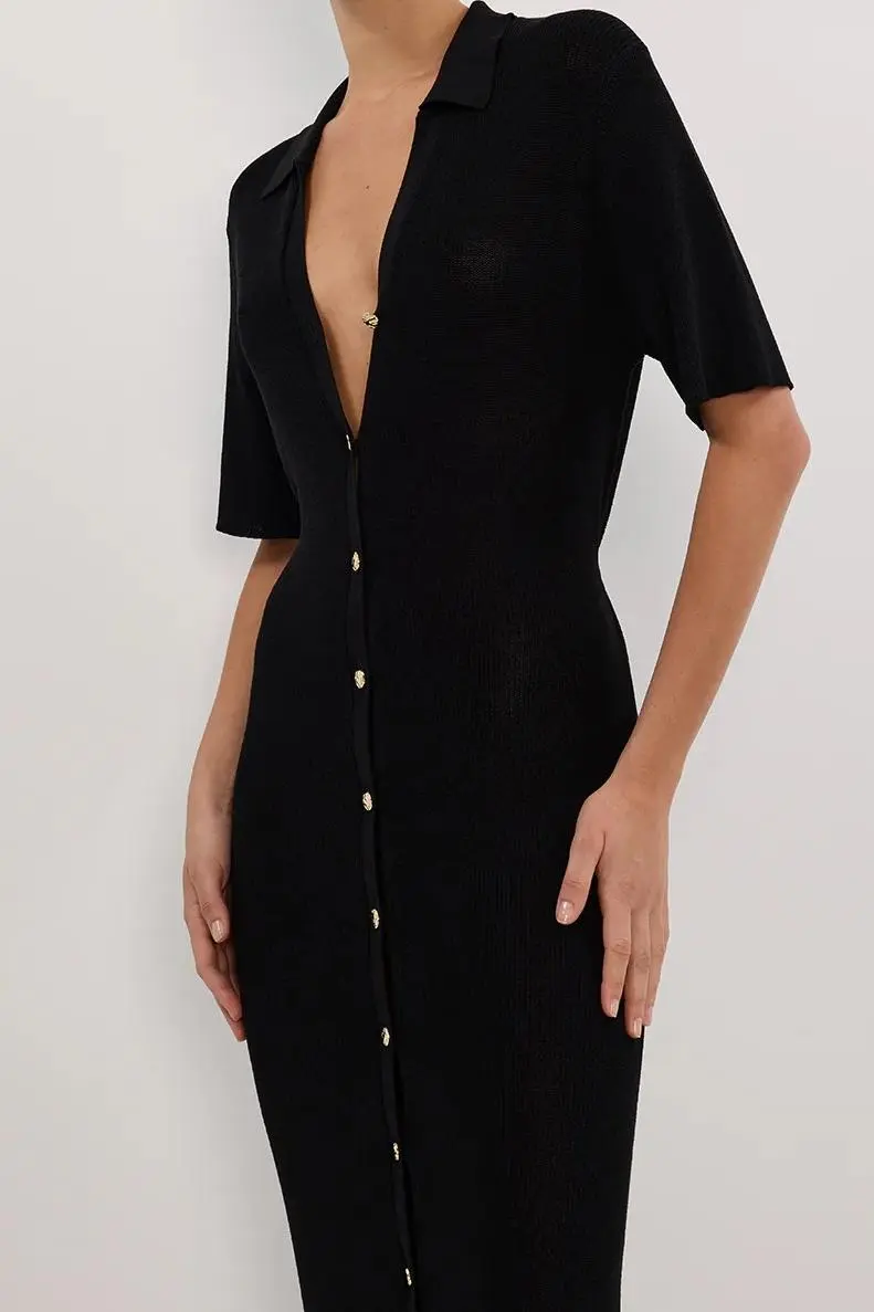 BLACK KNIT POLO MAXI DRESS