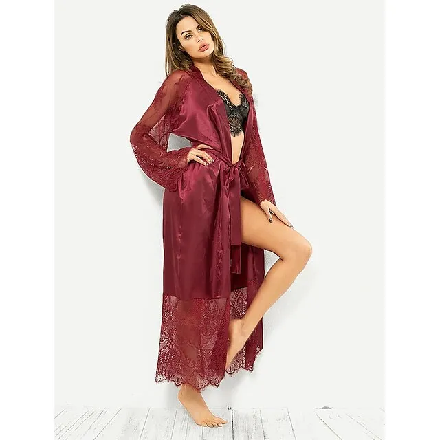 Women's Gift Robes Gown Pajamas Bathrobes Home Christmas Party Wedding Party Lace Patchwork Pure Color Spandex Simple Casual Soft Fall Winter Long Sleeve Lace Up Belt Included