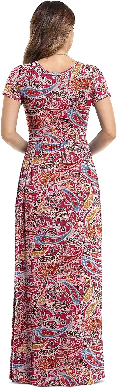 Women's Short Sleeve Loose Plain Maxi Dresses Casual Long Dresses with Pockets