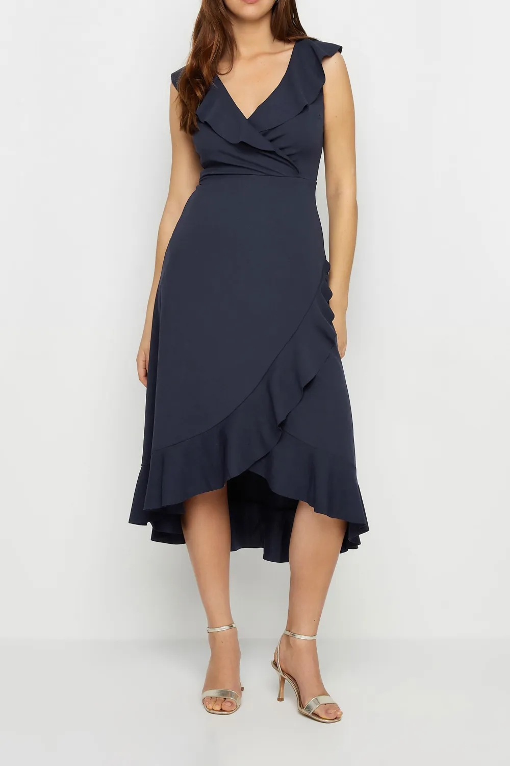 Navy Blue Frill Wrap Midi Dress