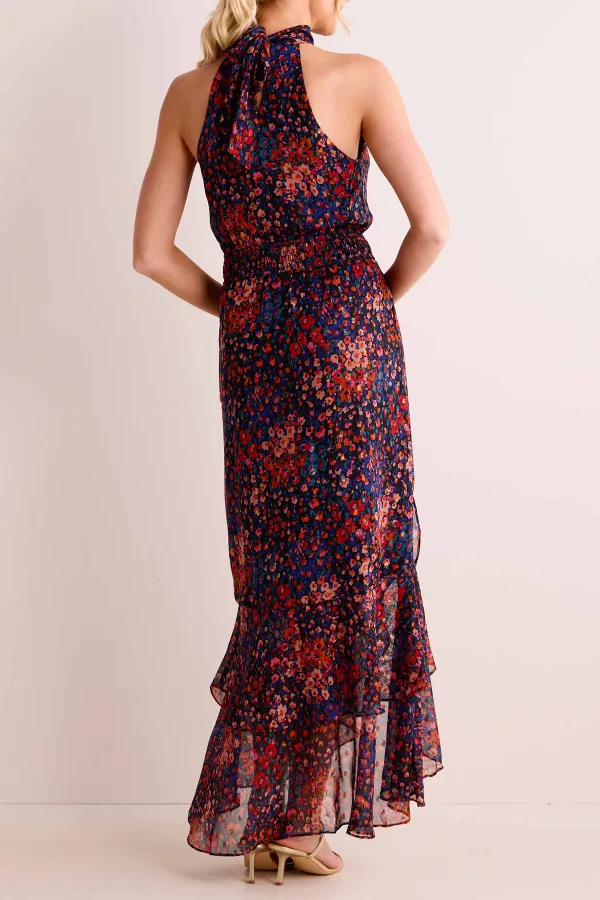 Floral Print Halter Neck Asymmetric Dress