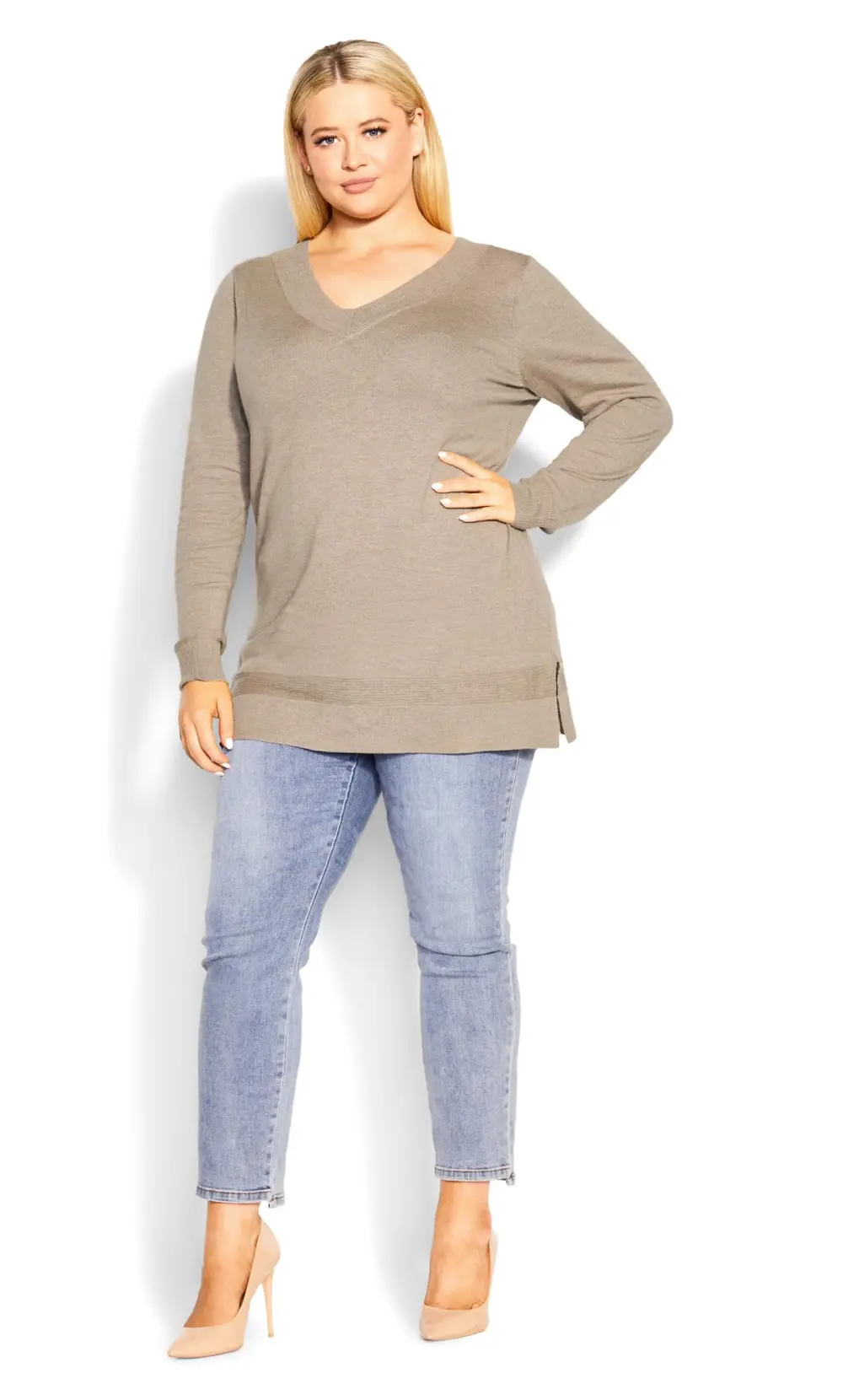 Evans Beige Brown V-Neck Knitted Jumper