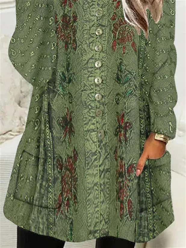 Women Long Sleeve Scoop Neck Printed Button Pockets Fleece Lined Tops