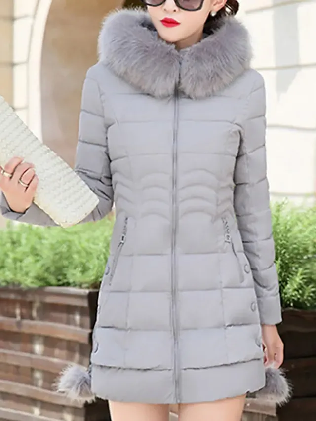 Women's Puffer Jacket Winter Jacket Winter Coat Parka Outdoor Daily Valentine's Day Winter Fall Regular Coat Regular Fit Warm Breathable Casual Jacket Long Sleeve Solid Color Fur Collar Fleece Lined