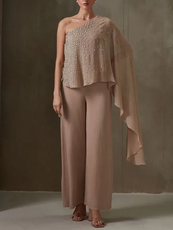 Fluttering Beaded Chiffon One Shoulder Women's Sets
