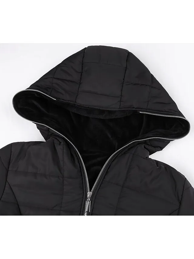 Women's Puffer Jacket Long Full Zip Pocket Button Coat Black Yellow Silver Red Casual Street Fall Zipper Hoodie Loose S M L XL XXL / Daily / Warm / Breathable / Solid Color / Lined