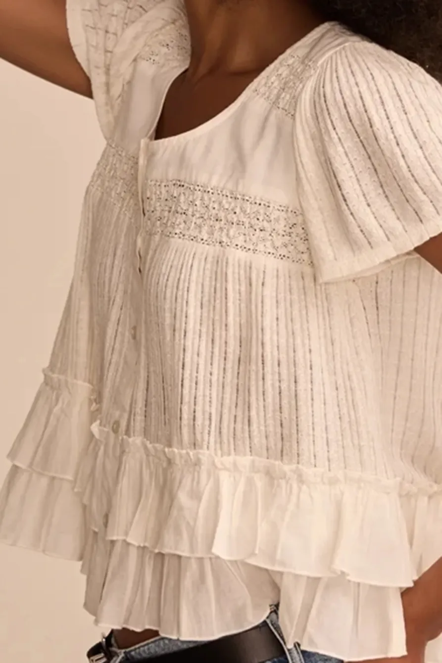 Whisper White Smocked Lace Tee