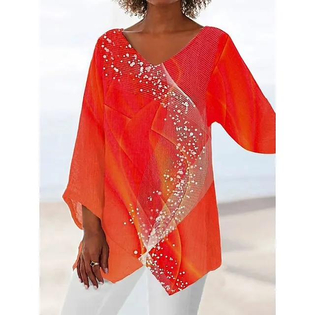 Women's Plus Size Shirt Blouse Tunic White Red Blue Graphic Floral Asymmetric Print Long Sleeve Streetwear Casual V Neck Regular Fit Floral Spring Fall