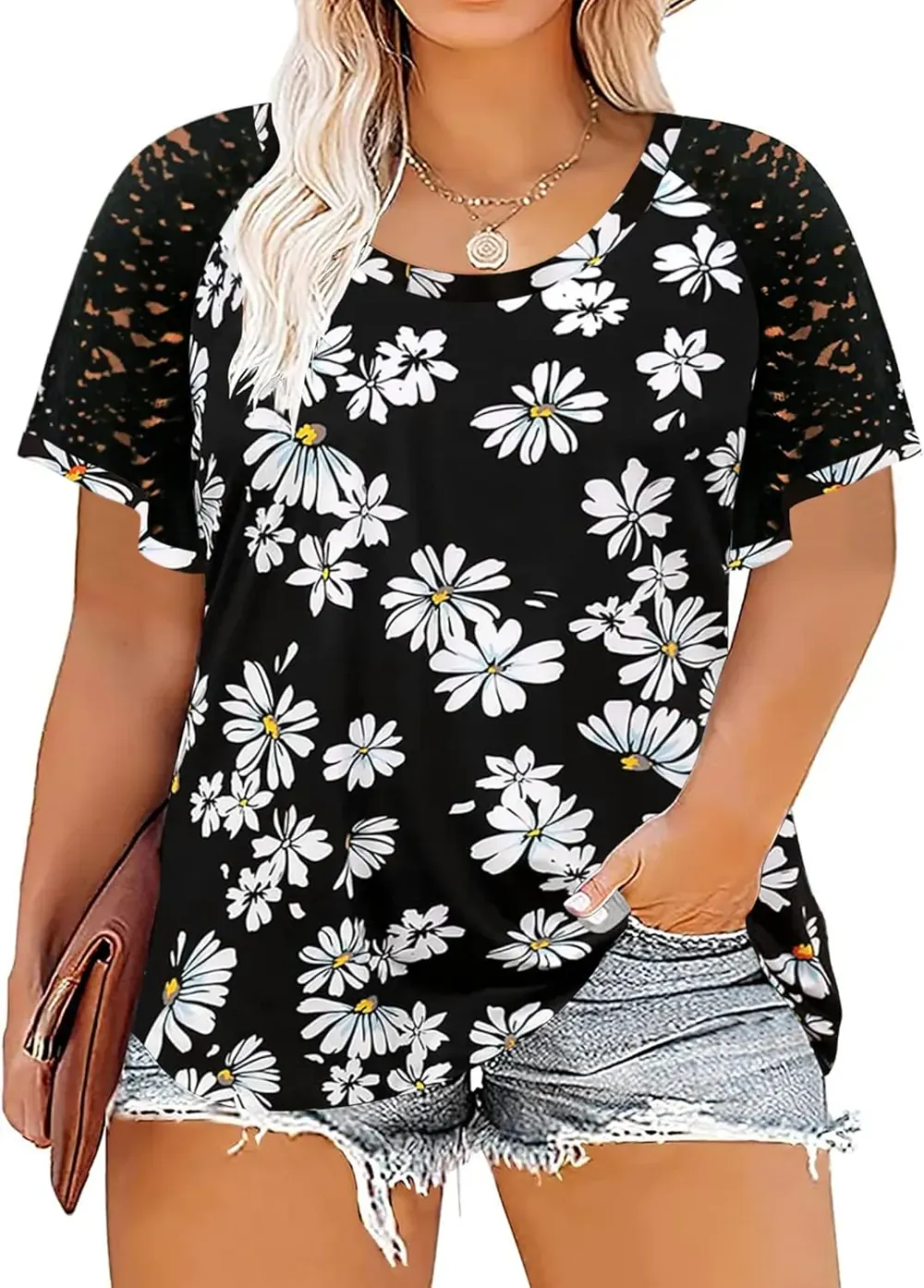 HDLTE Womens Plus Size Tops Floral Bell Sleeves Blouses Summer Crewneck Tunic Loose Casual T Shirts