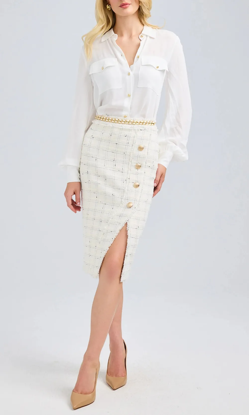 White Windowpane Tweed Skirt