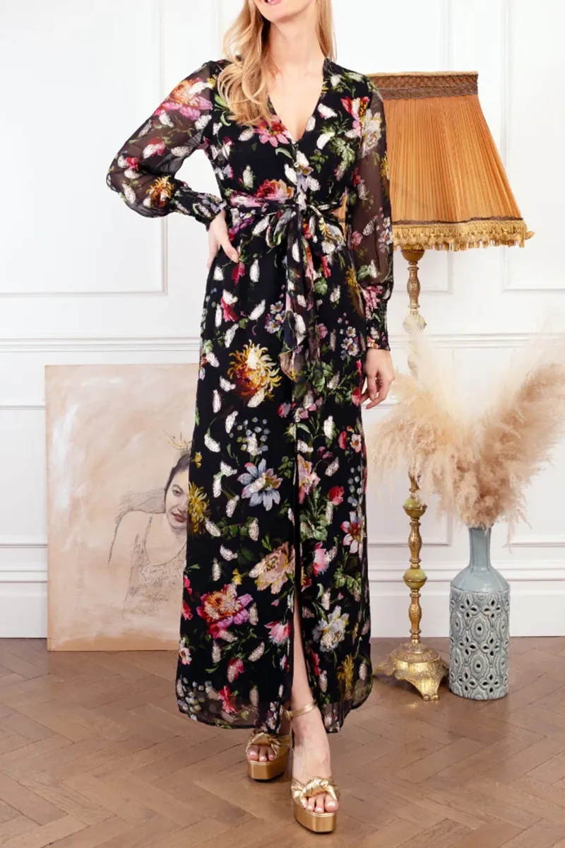 Vintage Floral Blouson-Sleeve Maxi Wrap Dresses