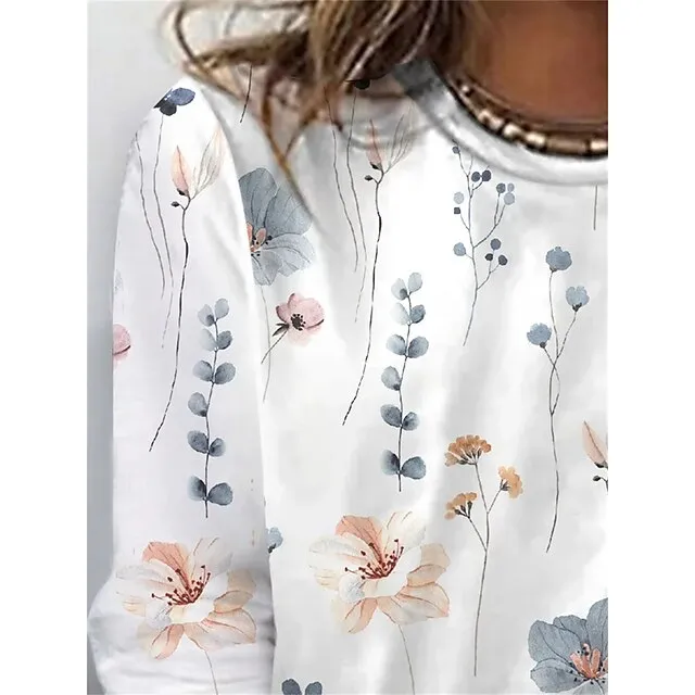 Women's T shirt Tee White Yellow Pink Floral Print Long Sleeve Holiday Weekend Basic Round Neck Regular Fit Floral Painting Fall & Winter