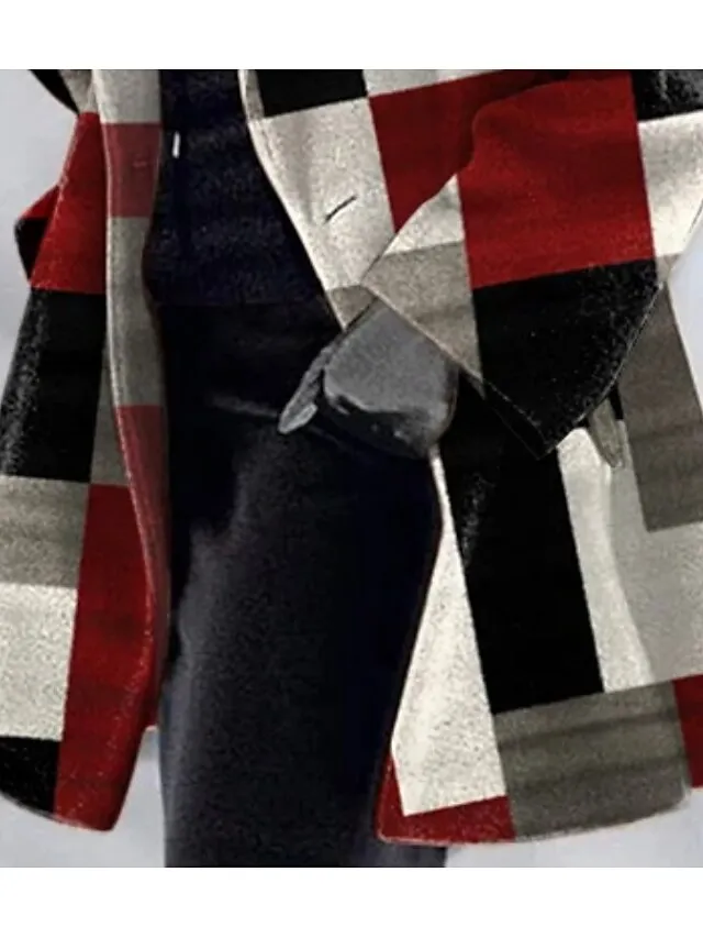 Women's Winter Coat Breathable School Daily Patchwork Single Breasted Lapel Simple Stripes and Plaid Regular Fit Outerwear Long Sleeve Winter Fall Red S M L XL XXL 3XL