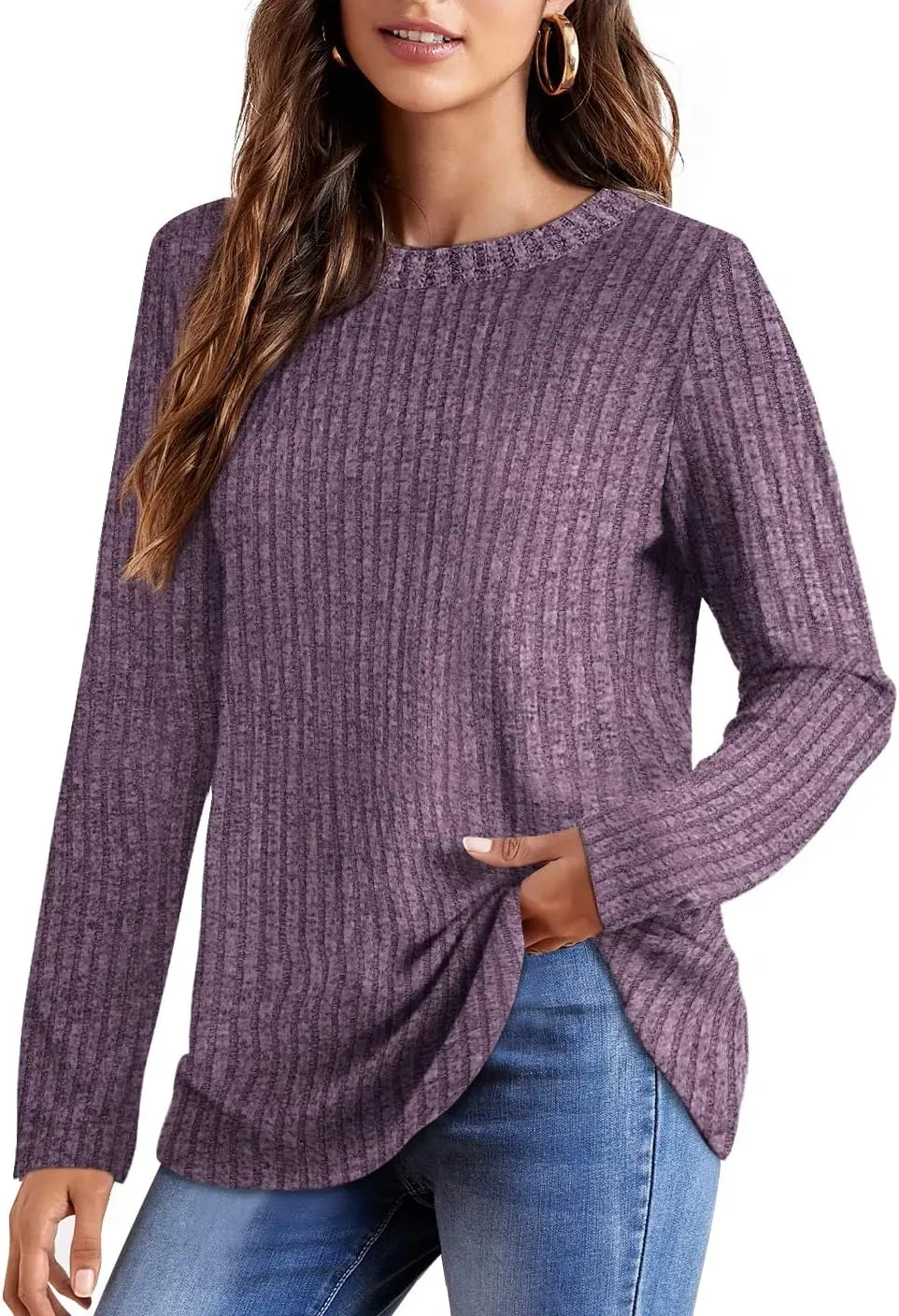 OFEEFAN Long Sleeve Shirts for Women Lightweight Crew Neck Casual Tunic Tops